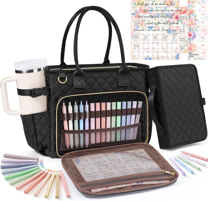 FLOE Large Bible Bag with Bible Cover Case for Women, Quilted Church Tote Bag Book Carrying Case w/Shoulder Strap,Bible Study Supplies Journaling Kit Accessories Valentines Day Christian Gift for Women Her - Image 1
